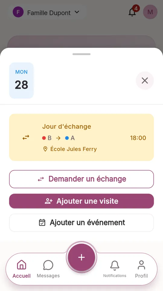 Détail d’un jour d’échange dans le planning de garde, avec le lieu de passation et les boutons Demander un échange et Ajouter un événement