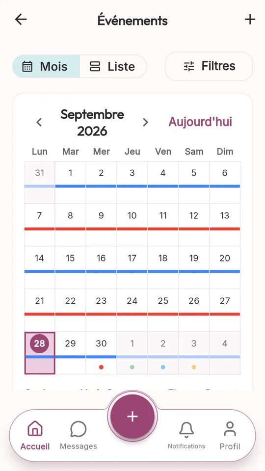 Calendrier des événements du mois de septembre avec les jours de garde de chaque parent en couleur